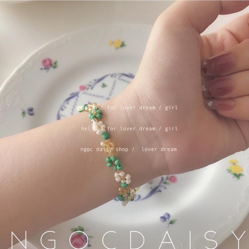 N109 bộ vòng tay , dây chuyền handmade hạt cườm hoa Daisy xanh lá trắng trà xinh xắn