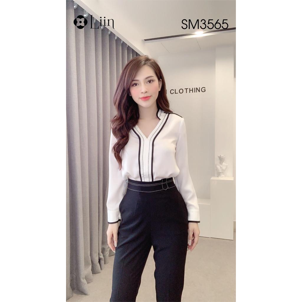 ✹✜Áo sơ mi nữ dài tay form công sở màu Trắng Cổ Tàu kết hợp viền đen thanh lịch Liin Clothing SM3565