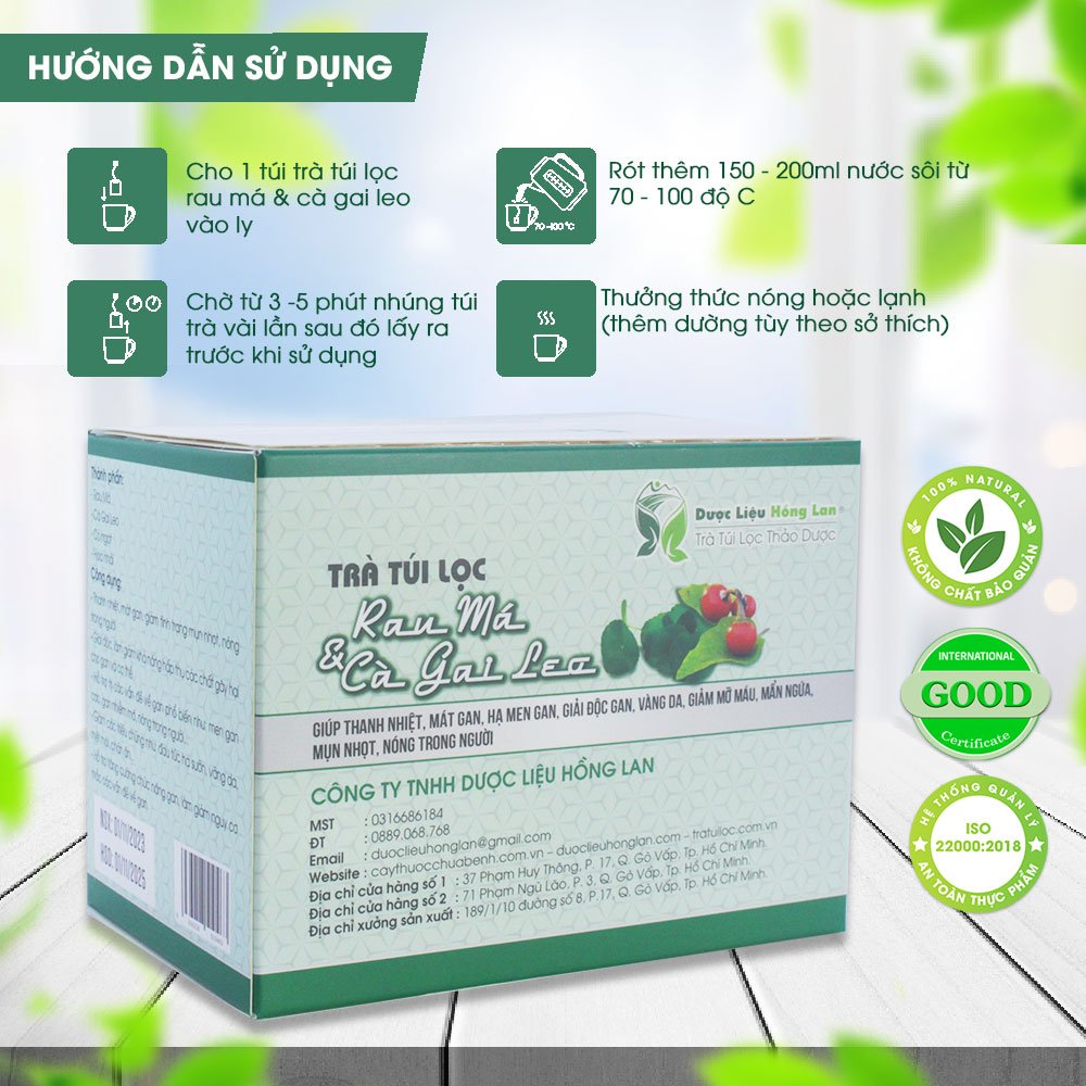 Trà Rau Má & Cà Gai Leo túi lọc hộp 60g Cty Dược Liệu Hồng Lan -