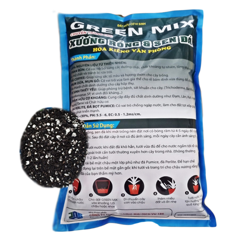 Đất hữu cơ vi sinh trồng xương rồng, sen đá, hoa kiểng trộn sẵn Green Mix - Gói 2dm3 ~ 800gr