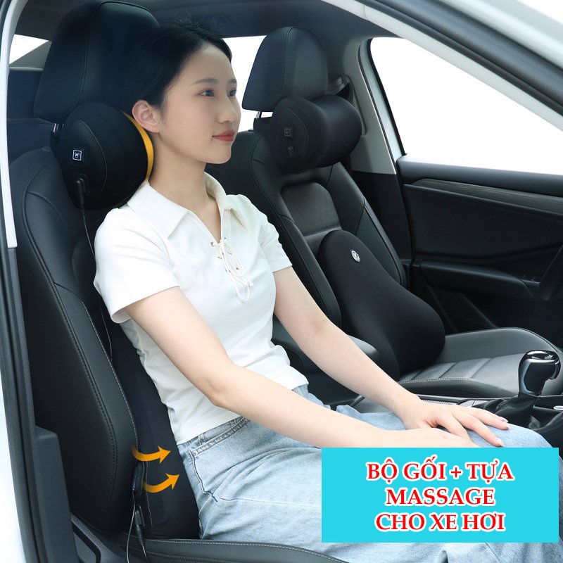 Bộ Gối Tựa đầu và Đệm tựa Ghế ô tô, văn phòng Tích hợp Máy Massage Lưng Cổ Hàng loại 1 cao cấp hoạt động êm ái