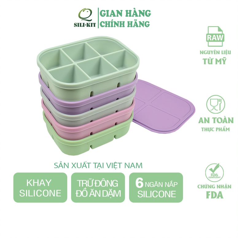 Khay silicon trữ đông Q SILI-KIT 6 ngăn có nắp, sử dụng đa năng, kích thước 16.4x12.4x3.8cm