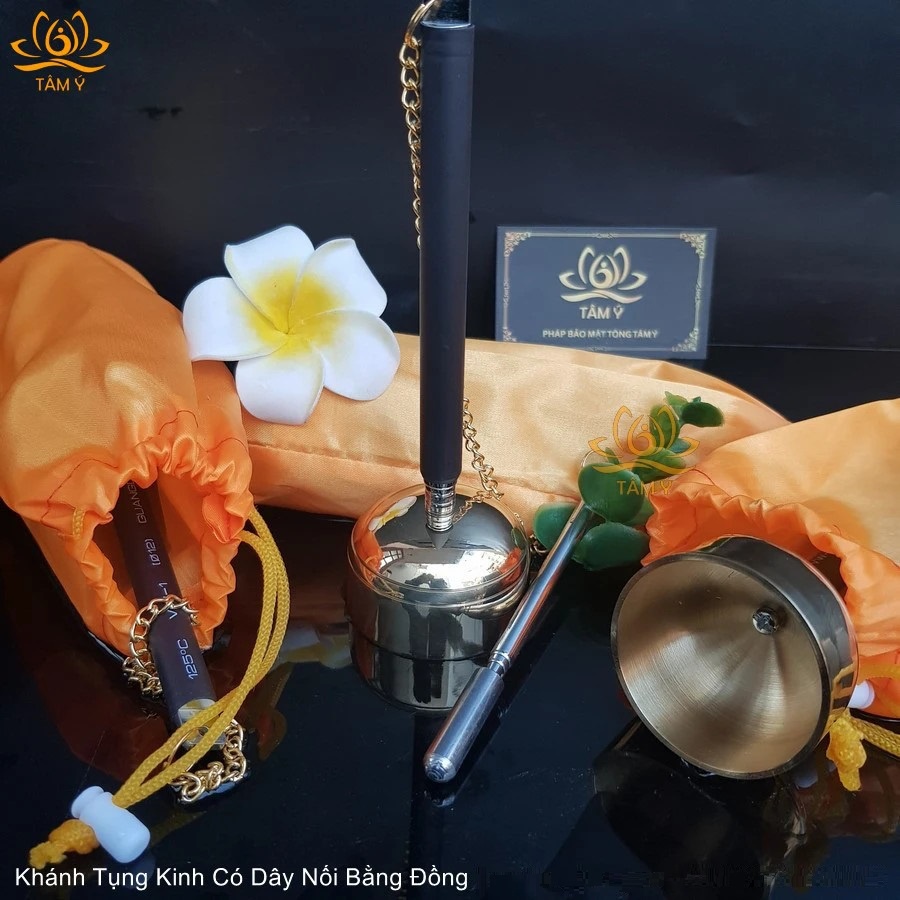 Khánh Tụng Kinh Bằng Đồng, Khánh Dây Mạ Bóng ,Sang Trọng, Có Túi Đựng - Mật Tông Tâm Ý