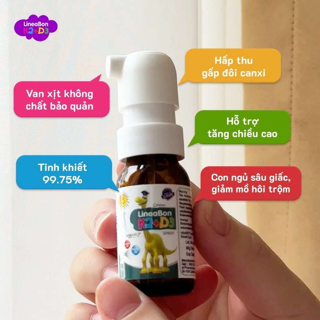 Lineabon Vitamin D3 K2 giúp bé cao lớn, ngủ ngon, giảm còi xương cho trẻ sơ sinh 10ml (xịt)