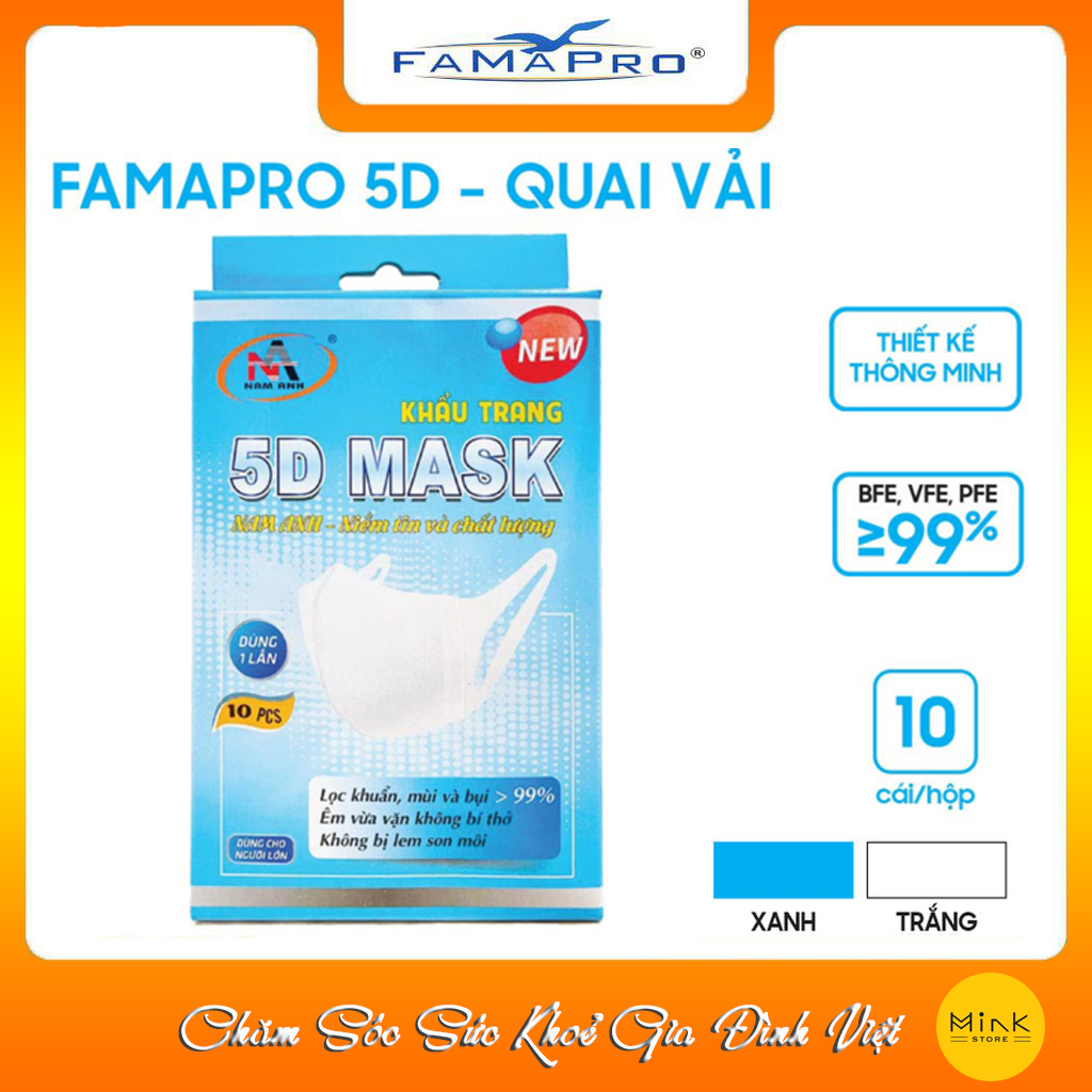 Khẩu trang y tế kháng khuẩn 3 lớp Famapro 5D quai vải