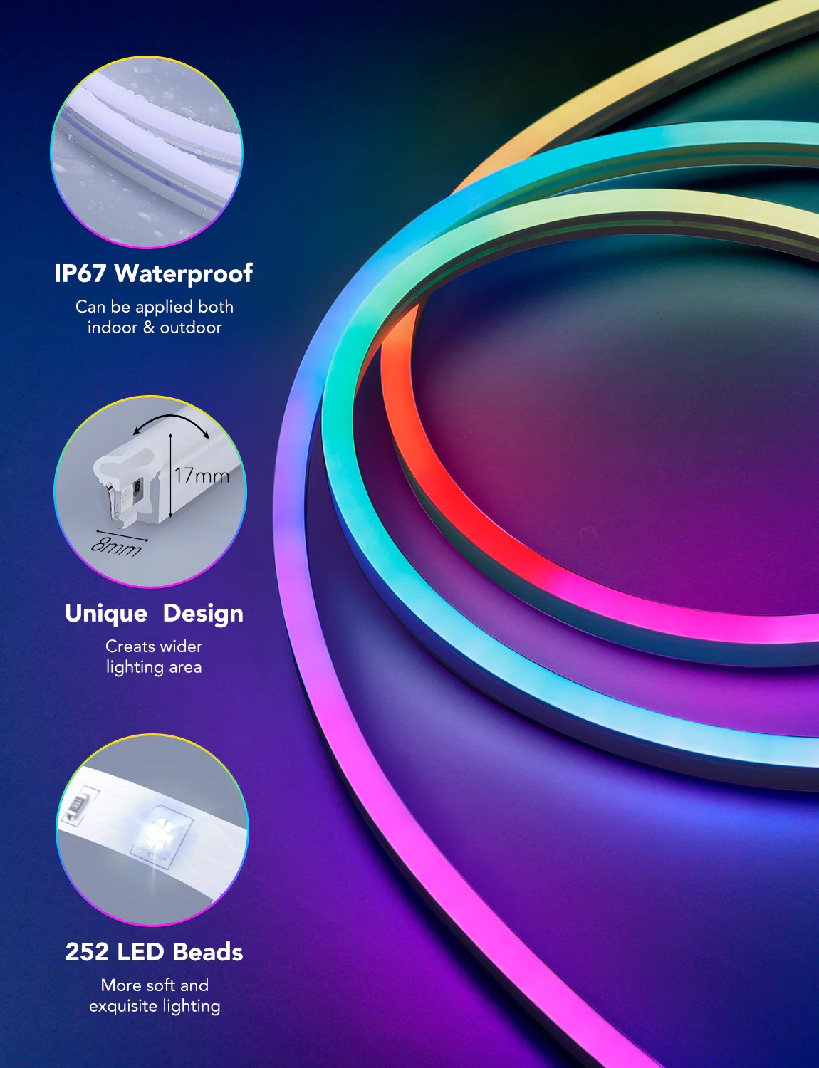 Dây đèn LED RGB Govee Neon LED Strip Light 3M H61A0 | Đèn DIY trang trí, chống thấm nước, công nghệ RGBIC 16 triệu màu, 64 chế độ tự động| Hàng chính hãng