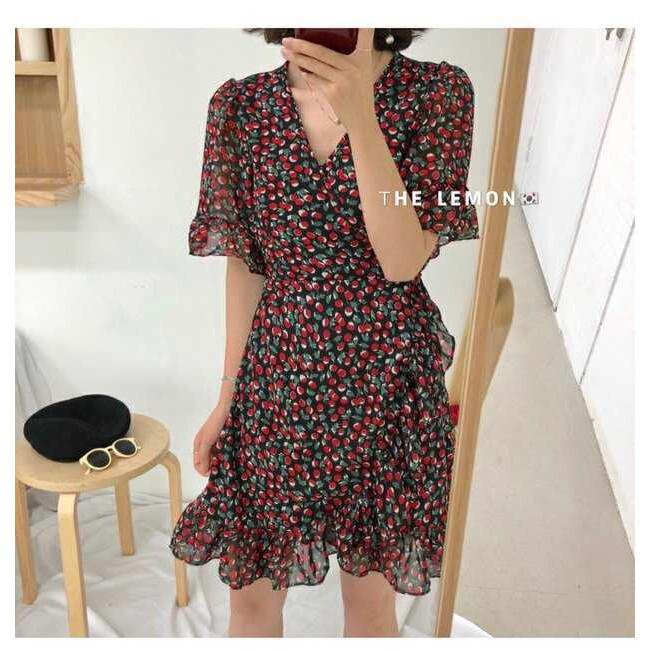 Đầm hoa cherry phối bèo siêu đáng yêu