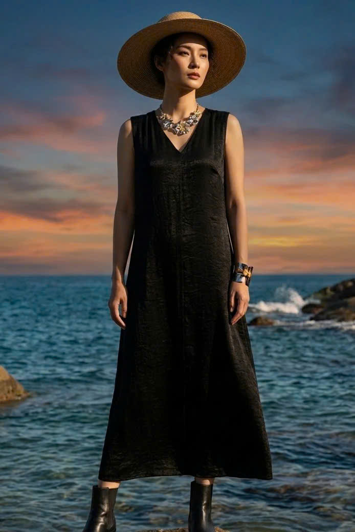 Đầm Maxi Dáng Suông Lụa Đen Hải Thạch Dre202 thời trang thiết kế Hity