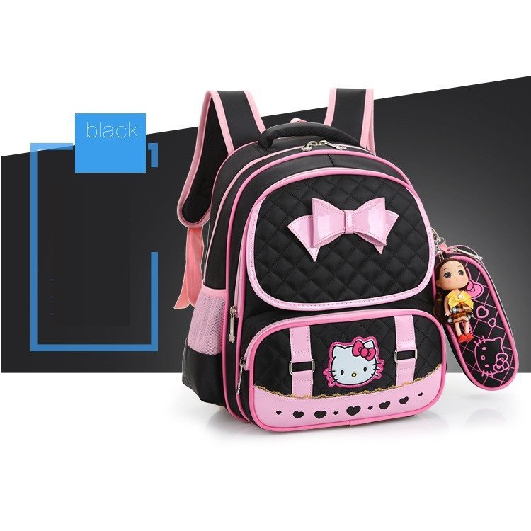 Balo đi học cấp 1 cho bé gái hình Hellokitty tặng kèm hộp bút và búp bê đáng yêu