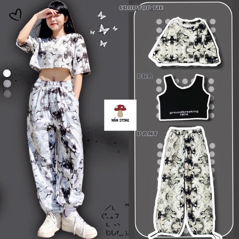 Set áo croptop loang màu + bra đen + quần jogger dài loang màu ống rộng dây rút - Set bộ thể thao 3 món