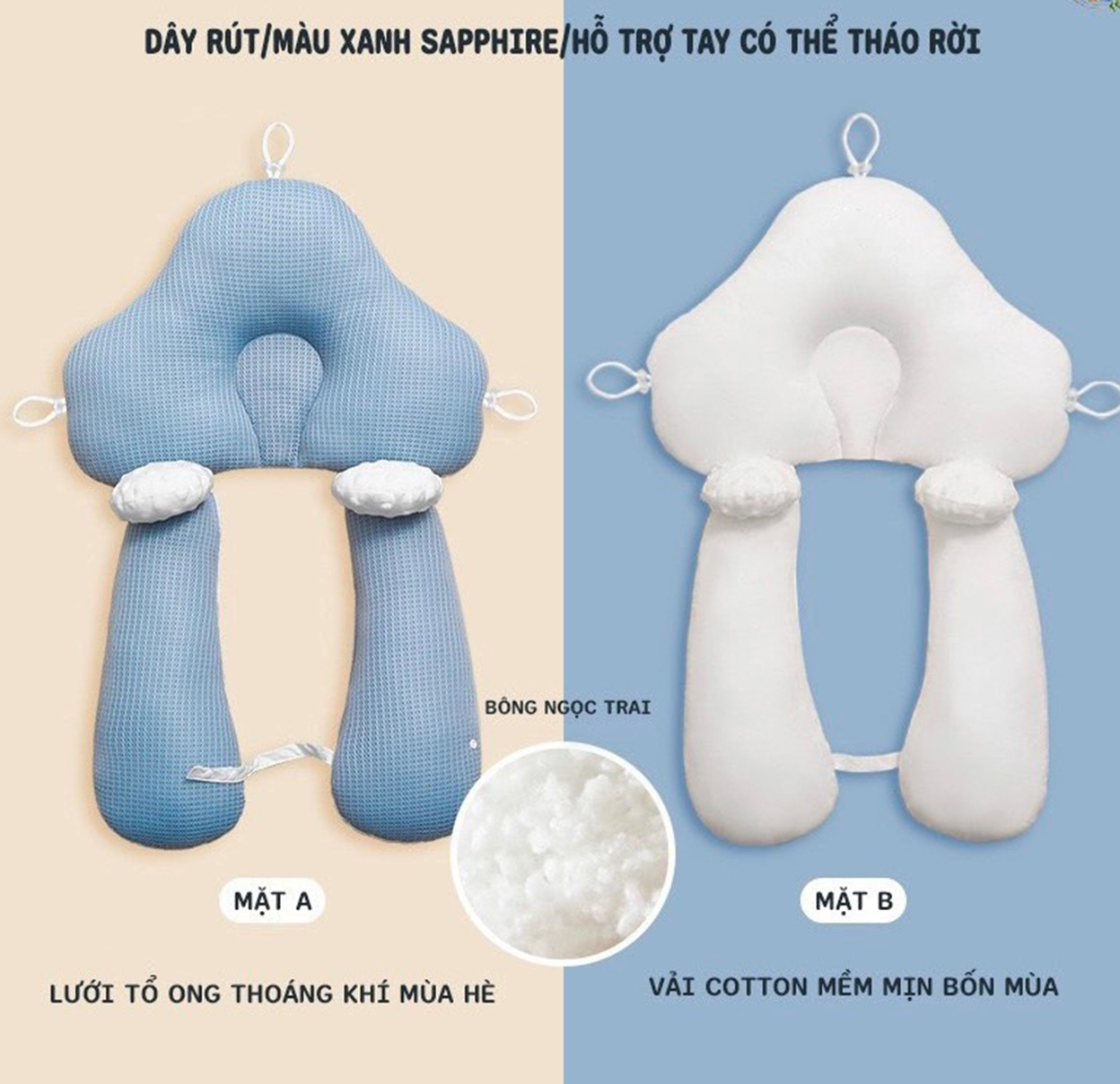 Gối chữ U định hình; Gối đa năng, hạn chế giật mình méo đầu, với dây rút 3 đầu tiện dụng, giúp bé sơ sinh ngủ ngon.