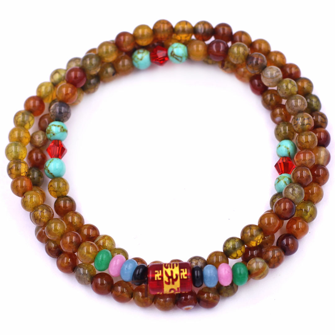 Vòng chuỗi 108 hạt mã não vân rạn 6 ly charm lục tự kim ngôn, vòng chuỗi niệm Phật, vòng chuỗi đeo tay