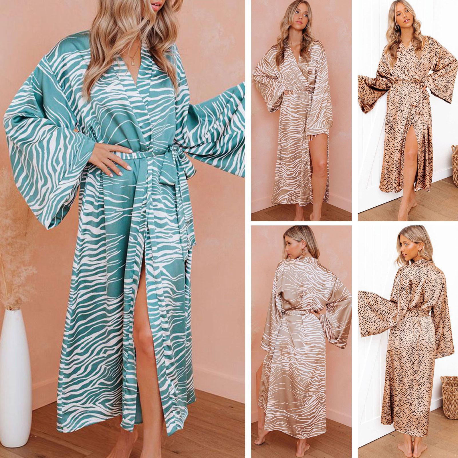 Women Night Robe Long Satin Printed Kimono V-neck Long Sleeve Pajamas Sleepwear Bathrobe