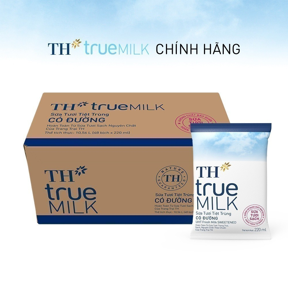Thùng 48 bịch sữa tươi tiệt trùng TH True Milk  có đường 220 ml