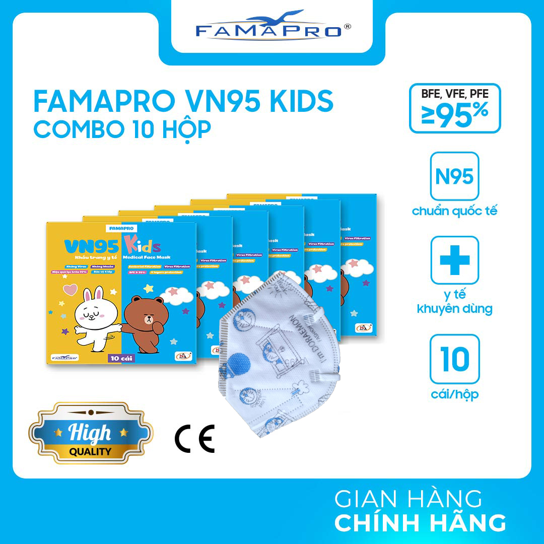 HỘP – FAMAPRO VN95 KIDS – Khẩu trang y tế trẻ em kháng khuẩn 4 lớp Famapro VN95 KIDS đạt chuẩn N95 10 cái hộp – DORAEMON – COMBO 10 HỘP
