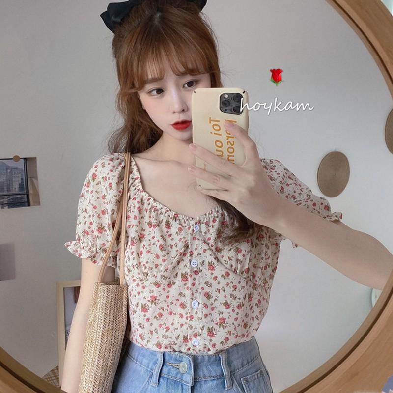 Áo Kiểu Chiffon Tay Ngắn Cổ Vuông In Họa Tiết Xinh Xắn Cho Nữ