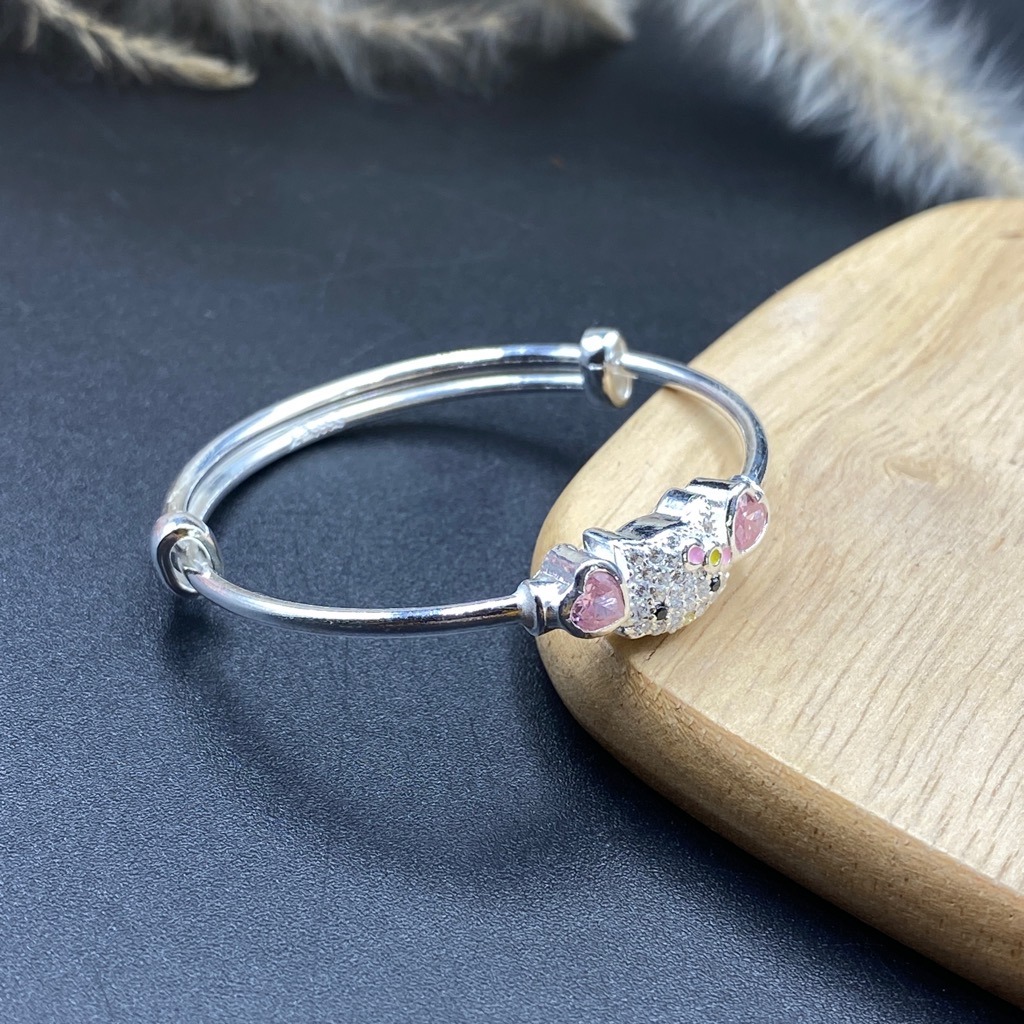 Lắc Tay, Vòng Tay Cho Bé Bạc Ta Nguyên Chất S99 Mèo Kitty Hồng Xinh Chính Hãng Bạc Hiểu Minh LTE555