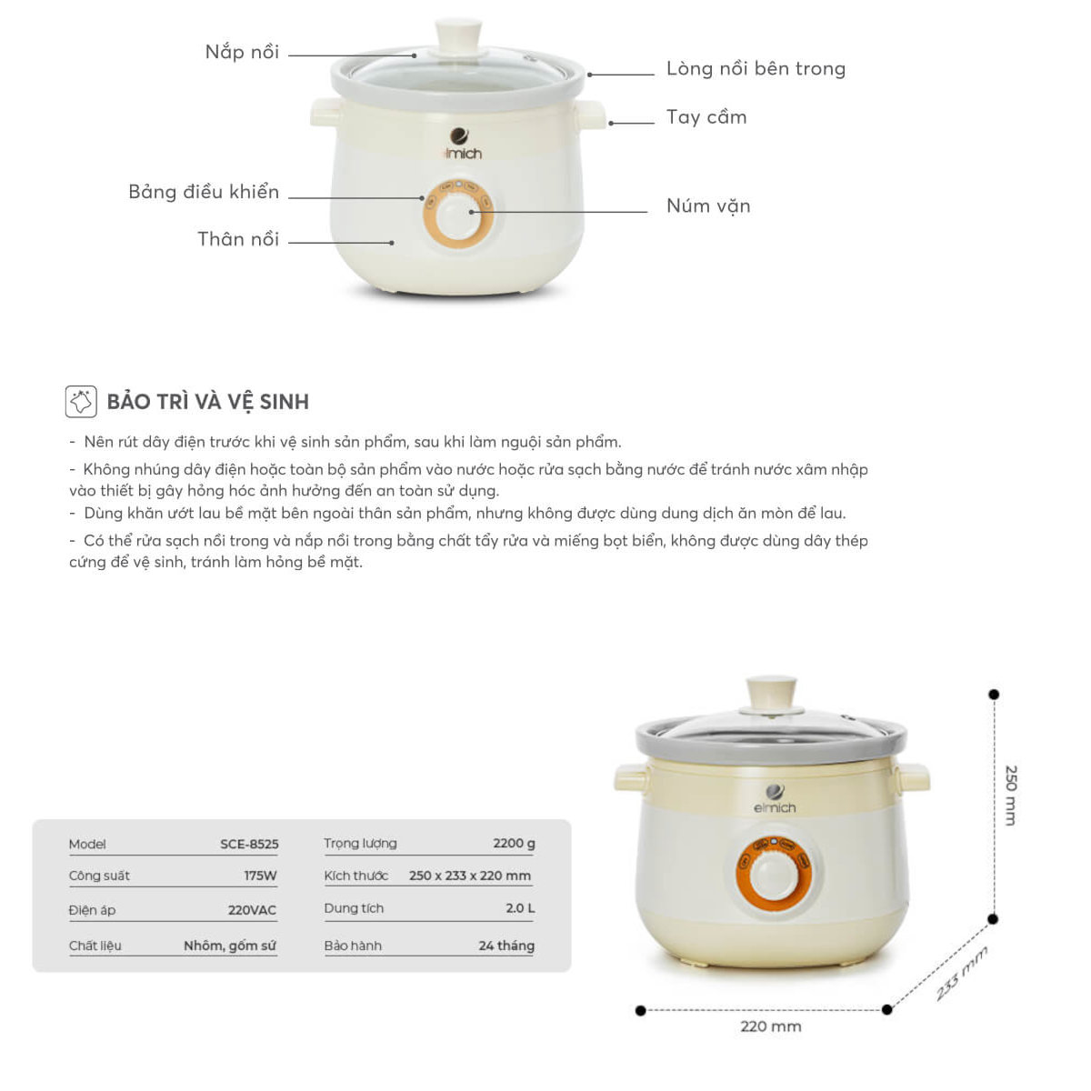 Nồi Nấu Chậm 2L Elmich SCE-8525: Chuyên Gia Nấu Cháo, Kho Cá, Chưng Yến - Hàng chính hãng
