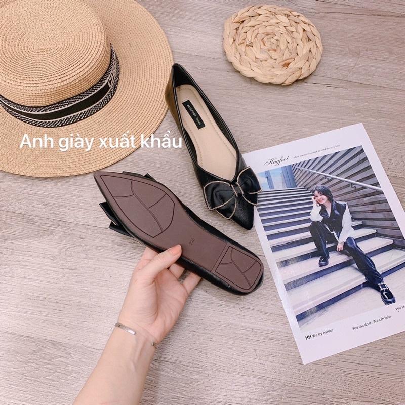 GB45 - Giày bệt mũi nhọn da lì nơ lụa to đế cao su dẻo