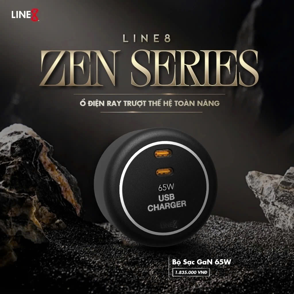 Ổ Cắm Điện Line8 Tích Hợp Bộ Sạc Nhanh GaN 65W-USB Charger Type C - Chính hãng