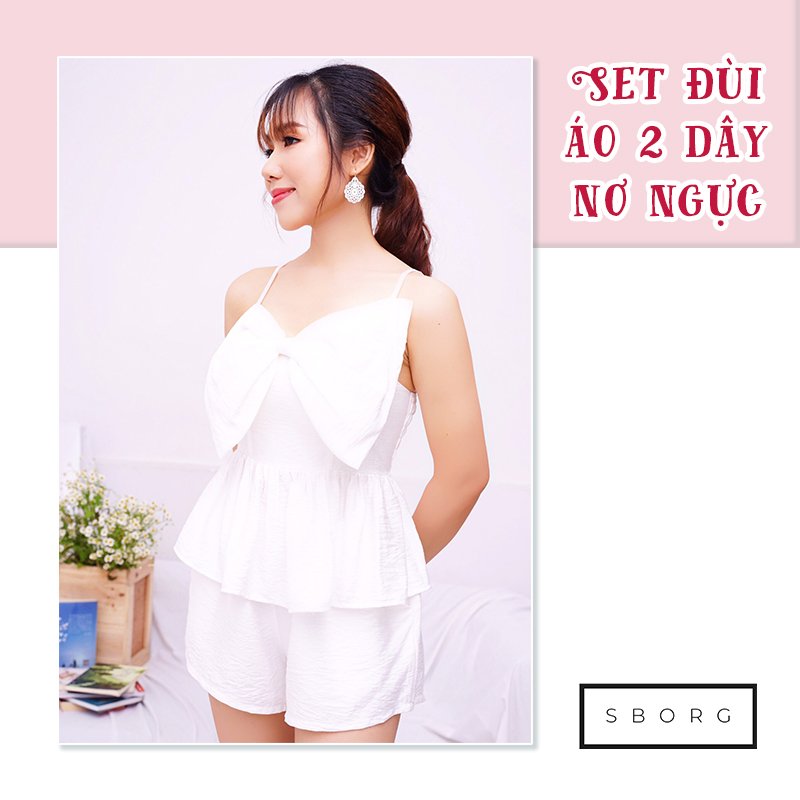 Set đồ nữ đi chơi SBORG bộ quần áo thời trang nữ chất xô hàn mềm mịn, áo 2 dây có nơ dễ thương viền dún chỉ phối quần đùi đáng yêu mát mẻ freesize dưới 58kg quà tặng vợ, thoải mái mặc ngủ hoặc đi ra ngoài