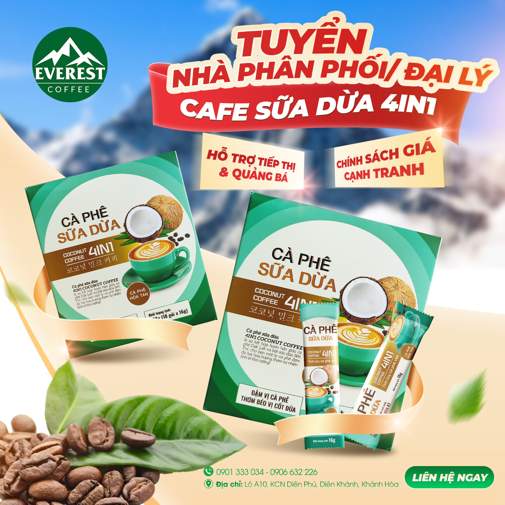 (Hộp 18 gói) Cà Phê Sữa Dừa 4in1 EVEREST COFFEES .Tiêu Chuẩn FDA Hoa Kỳ. Hàng Việt Nam Chất Lượng Xuất Khẩu Mỹ