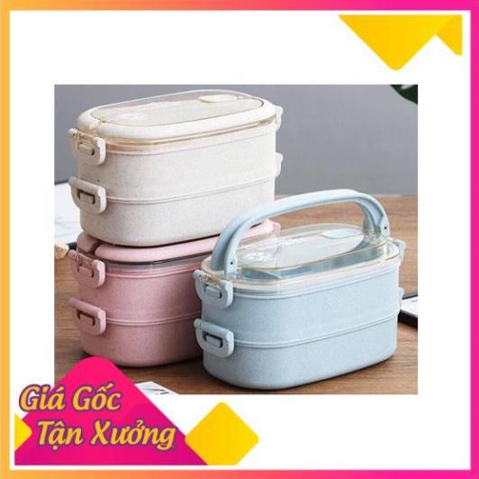 Hộp Đựng Cơm Lúa Mạch 2 Tầng + Tặng Kèm Đũa Muỗng Nĩa TP'S