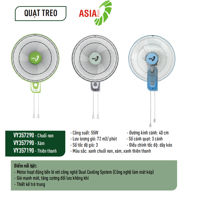 Quạt treo tường 2 dây Asia vina 55W VY357290, VY357790, VY357190 - Hàng chính hãng