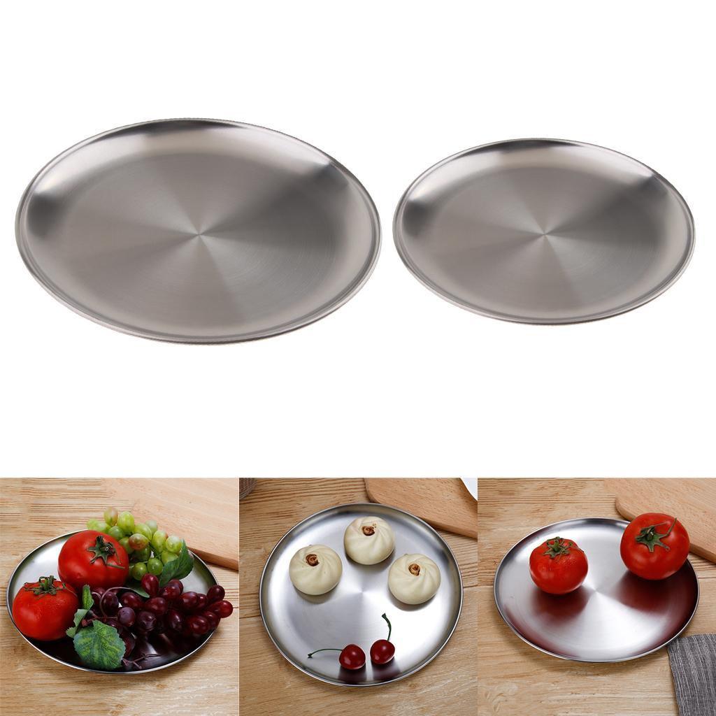 2Pcs Stainless Steel Round Plate Camping Serving Tray Dish Plate Kitchen