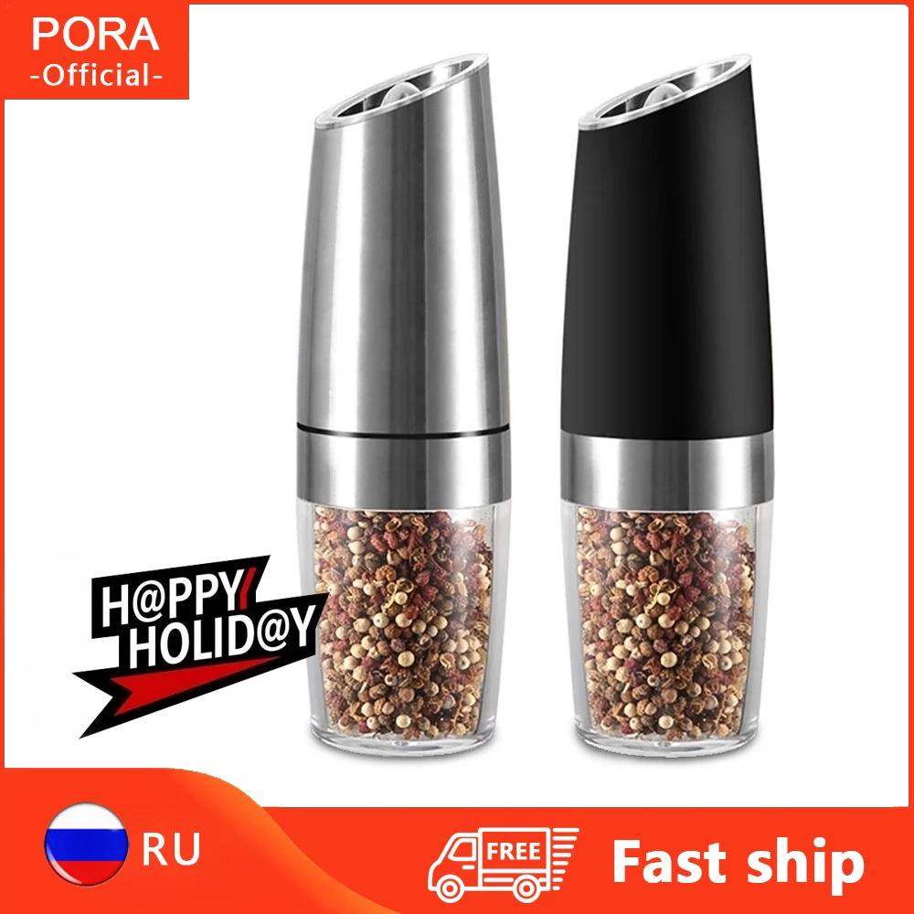 Tự Động Muối Và Cối Xay Hạt Tiêu Cầm Tay Có Đèn LED Bộ Trọng Lực Điều Chỉnh Gốm Điện Lọ Xay Tiêu Cối Xay Gia Vị Dụng Cụ Nhà Bếp