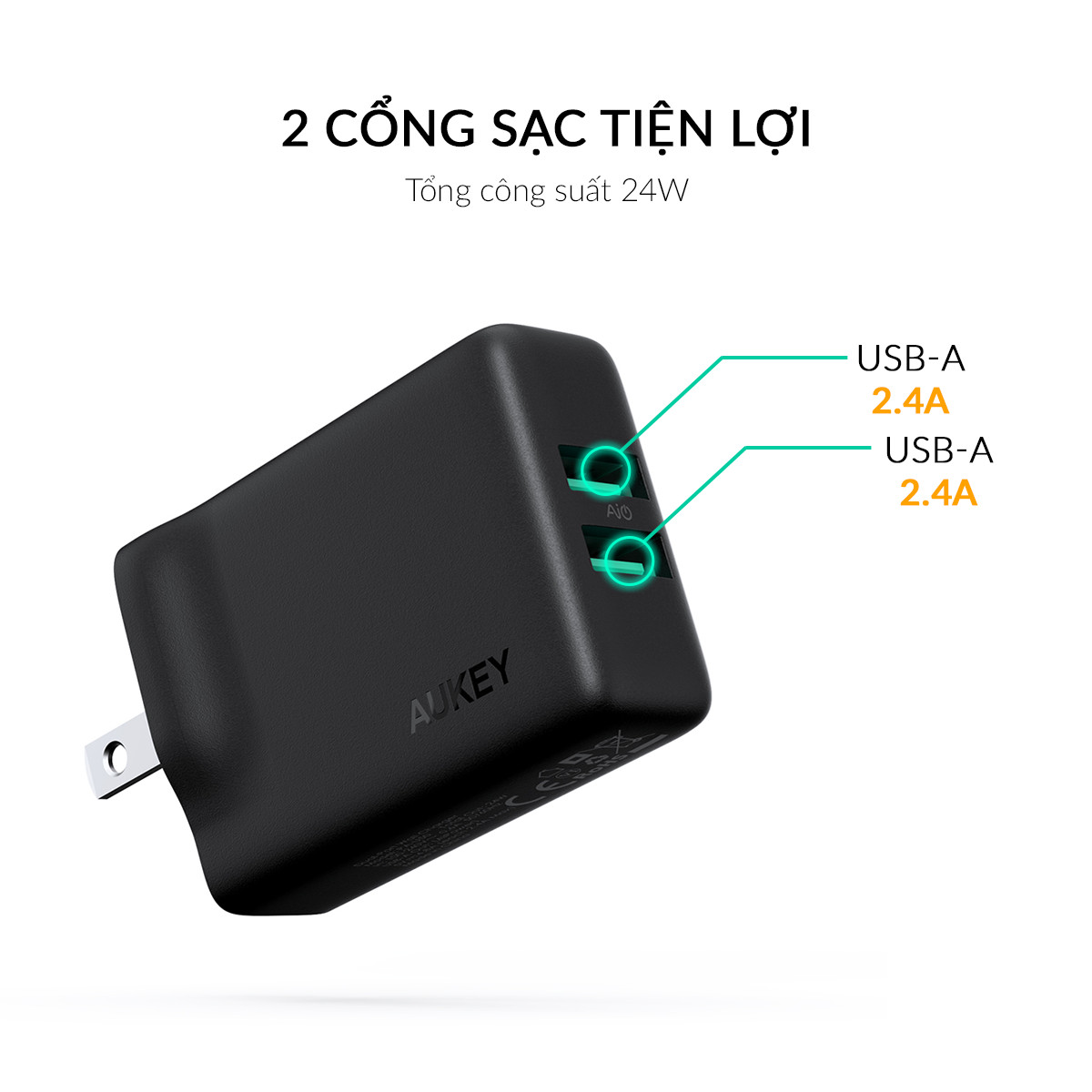 Cốc Sạc 2 Cổng Aukey PA-U50 Công Nghệ Sạc Nhanh GaNFast - Hàng Chính Hãng