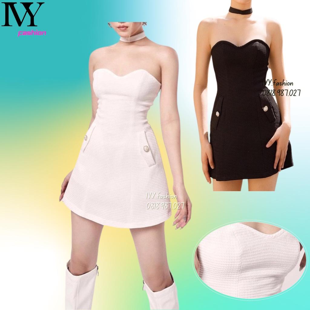 Đầm váy thiết kế cúp ngực tơ xốp lót lụa xòe ôm body kèm dây cổ chocker đen trắng trễ vai ivy.fashion đi biển dự tiệc