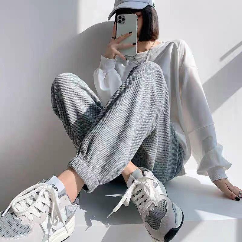 Quần jogger nữ ulzzang Hàn Quốc chất lưới tổ ong 3 màu vải nỉ Cotton CVC dày dáng xuông bo ống