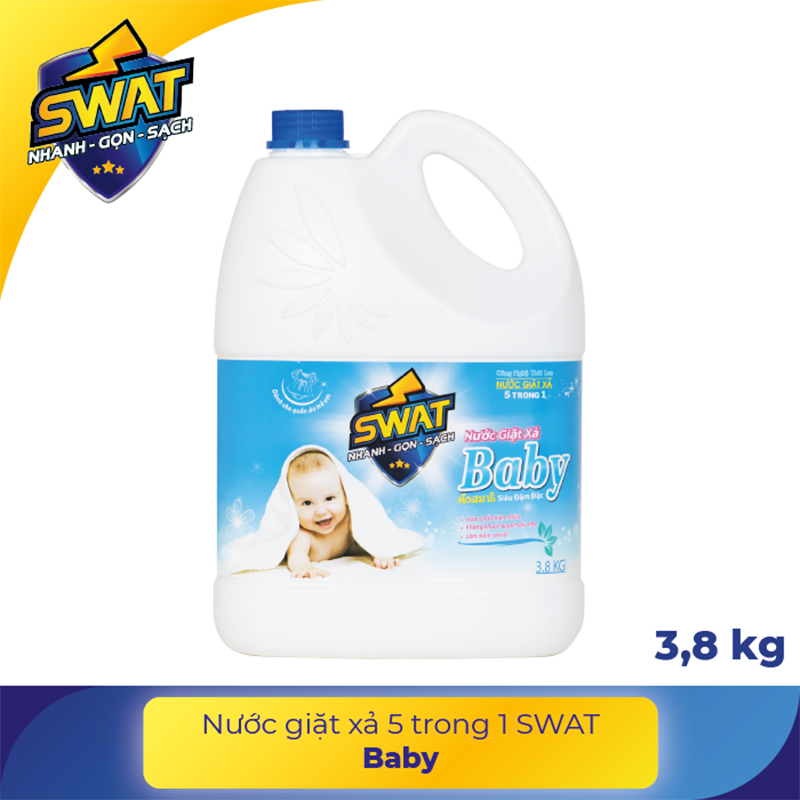 Nước Giặt Xả SWAT 5 in 1 hương Baby siêu thơm Can 3.8KG - Siêu tiết kiệm giúp diệt khuẩn, công nghệ lưu hương kép