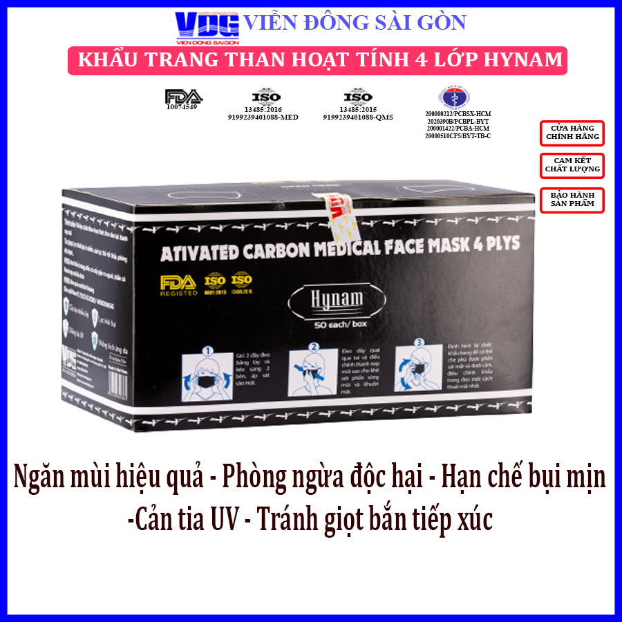 Khẩu trang y tế 4 lớp Hynam than hoạt tính (50 cái/ hộp)-Kháng khuẩn, chống bụi mịn, ngăn ngừa bệnh hô hấp