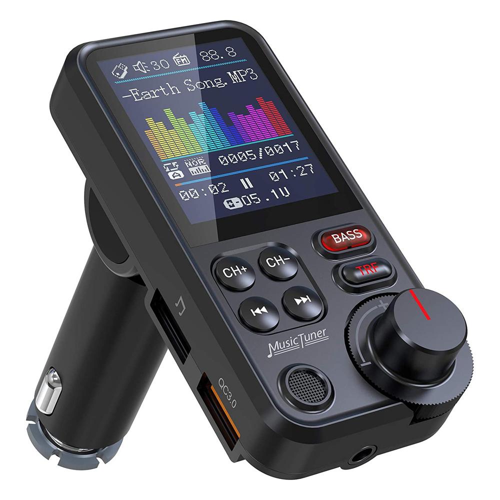 Car BT MP3 Player FM Transmitter Dual USB Car Charge Adapter with 1.8 Inch Color Display Support Hands-Free Calling U-Disk/TF Card Playback Voice Assistant Treble/Bass Adjustable Voltage Display
