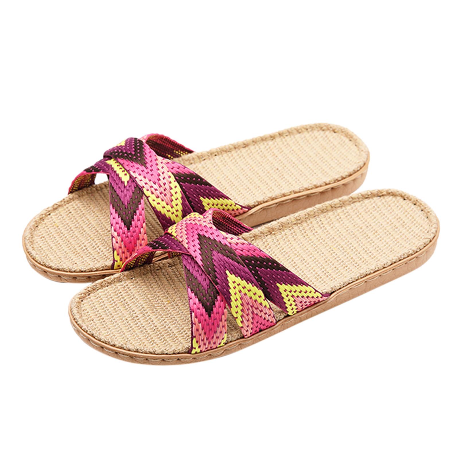 Dép lanh nhiều màu cho phụ nữ mùa hè khăn giày trong nhà trên nhà bình thường trượt băng qua vành đai phụ nữ dép xép dép dép Color: Pink Shoe Size: 39-40