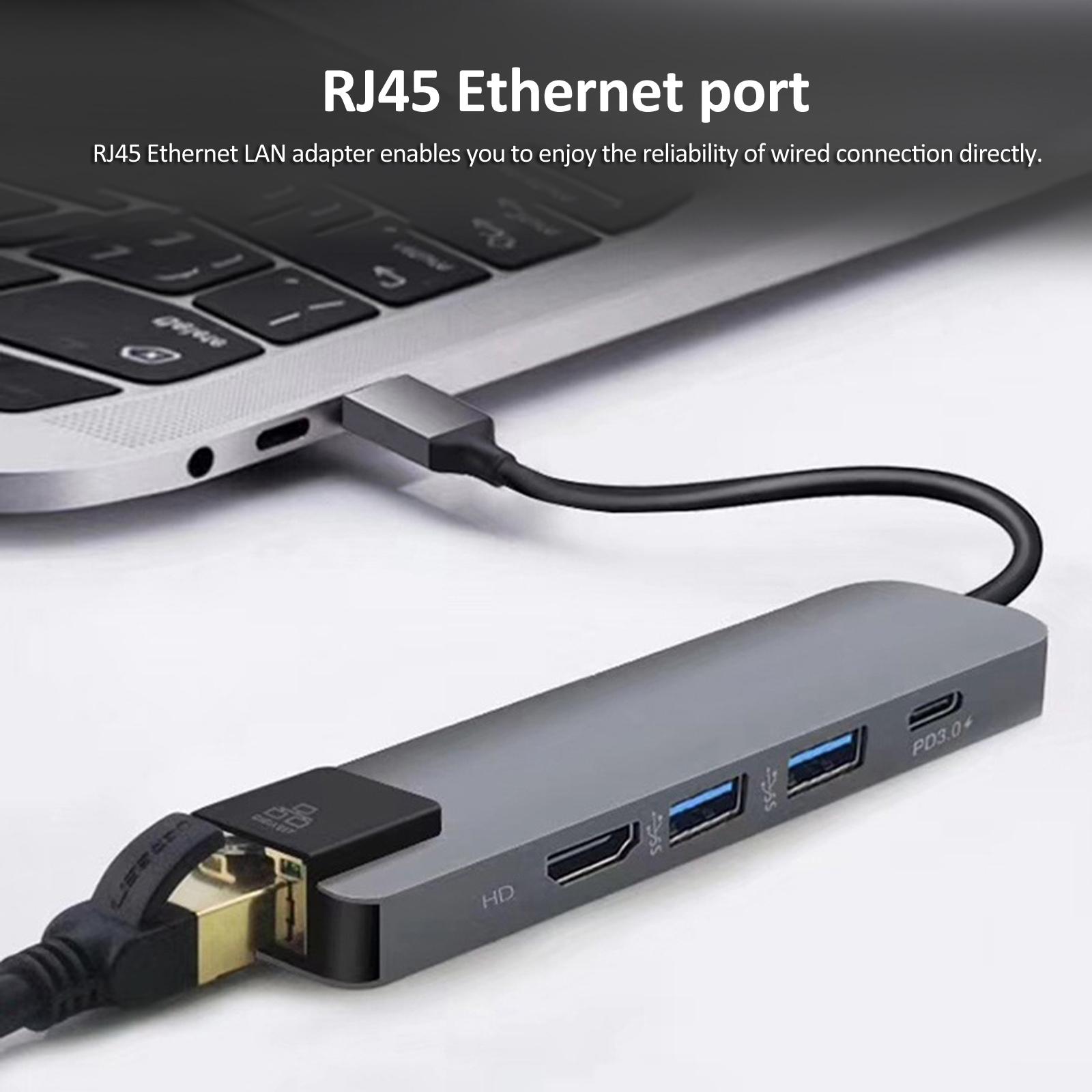 5-IN-1 USB C Hub Type-C Docking Station Multiport Adapter with 4K HD RJ45 Ethernet USB 3.0 PD Charging Port Compatible with MacBook MateBook ChromeBook