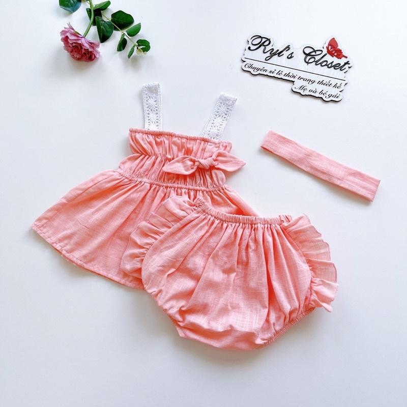 Sét Bộ Màu Hồng Phấn Bé Gái 3 Đến 12kg Chất Linen Bột Mềm Mát