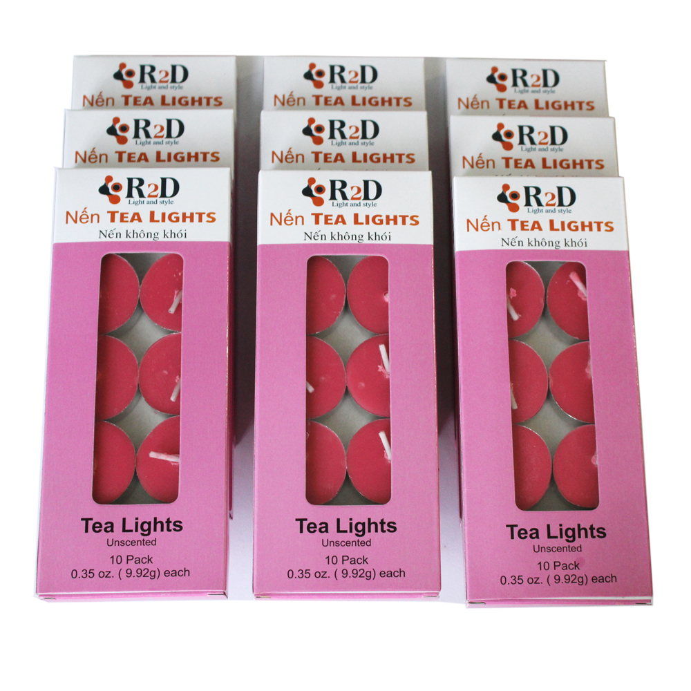COMBO 10 HỘP NẾN TEALIGHT - ĐỎ - ĐẾN TỪ THƯƠNG HIỆU R2D, LÀM TỪ SÁP CỌ, DẦU DỪA, TINH DẦU, THÀNH PHẦN TỰ NHIÊN, LÀNH TÍNH.