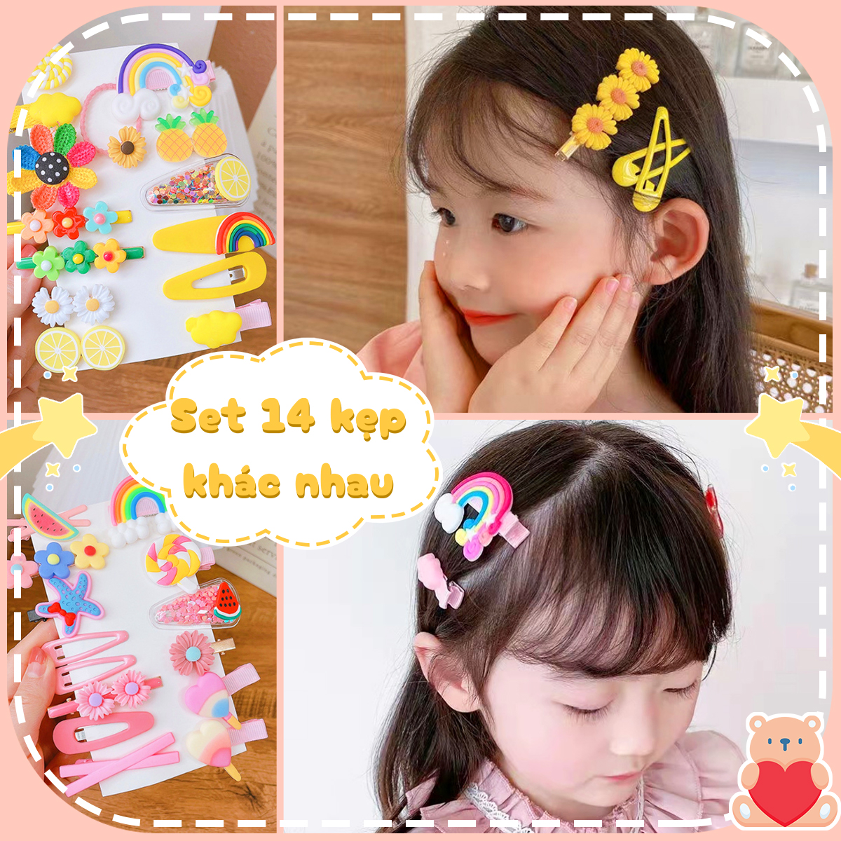 Kẹp tóc cho bé gái, Set 14 kẹp tóc mái cho bé nhiều màu sắc họa tiết dễ thương – SP154