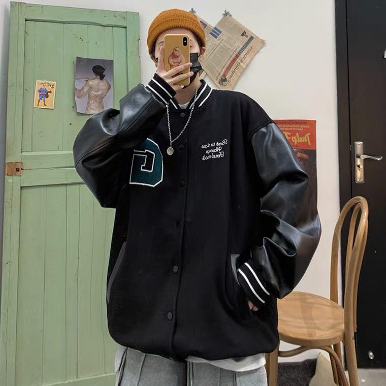 Áo Bomber Unisex Nam Nữ Tay Da Thêu Chữ G Dáng Thụng Cúc Bấm