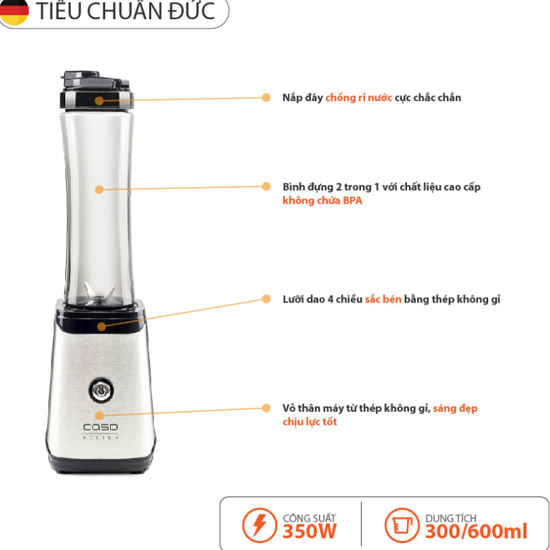 Máy Xay Sinh Tố CASO B350 Mix & go, Máy Xay Trái Cây, Hoa Quả, Công Suất 350W, Bình Chứa 600ml, Nhập Đức, BH 12 Tháng