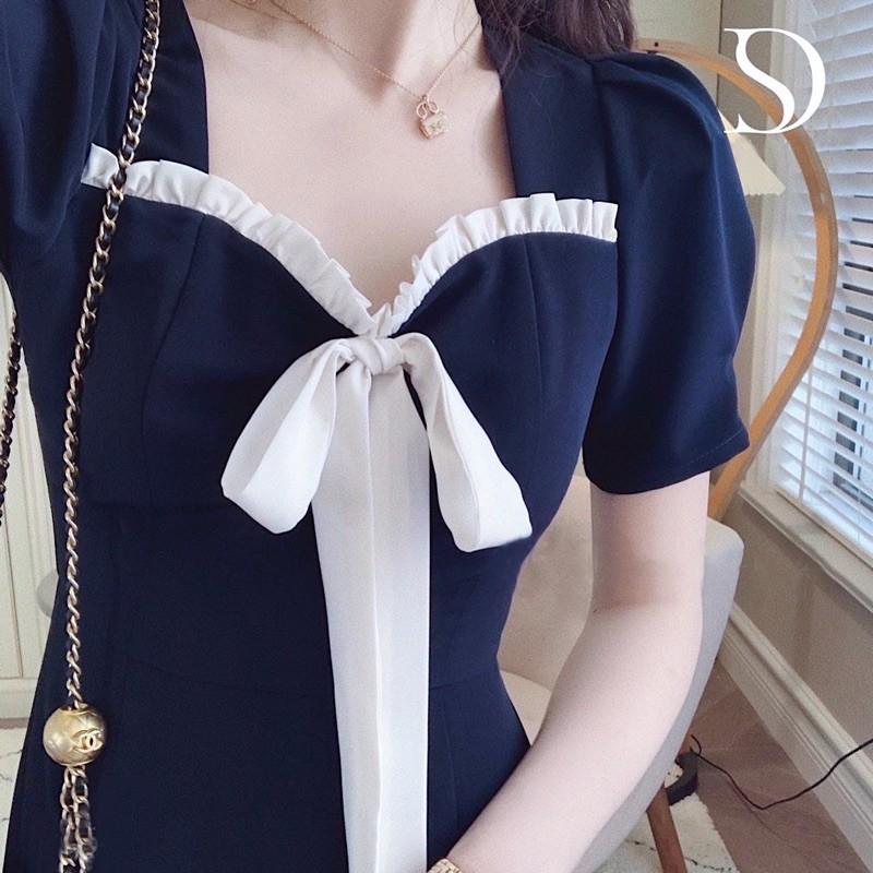 Đầm váy xanh đen phối trắng (kèm hình thật)