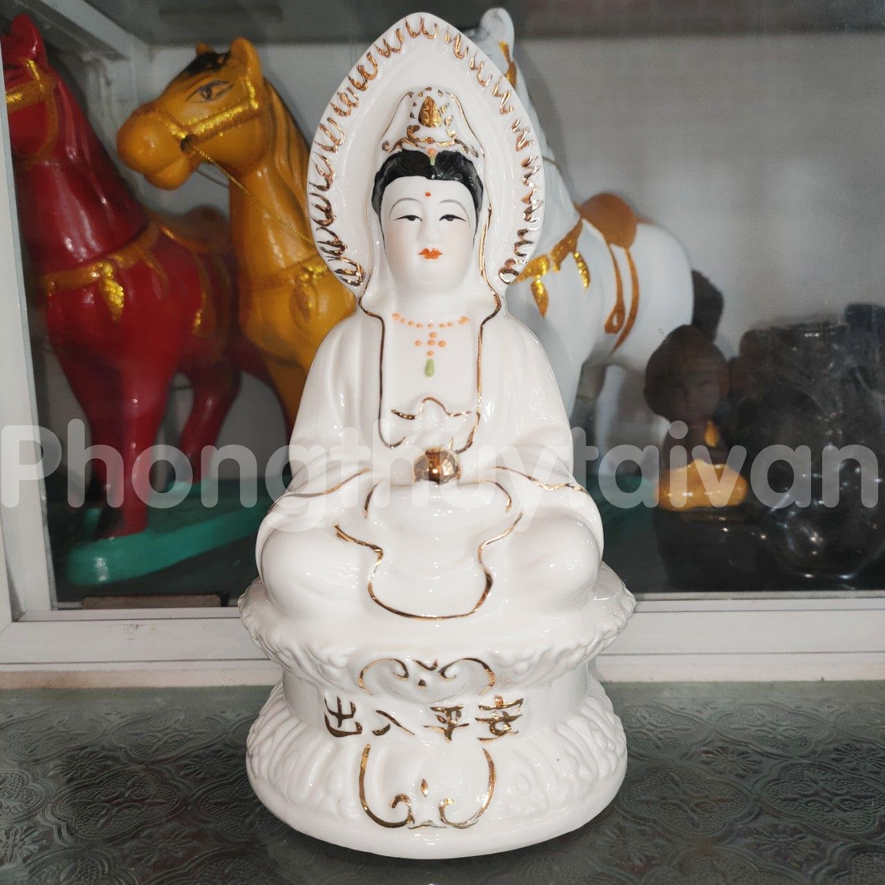 Tượng Quan Âm Áo Trắng Viền Vàng  Cao 19cm