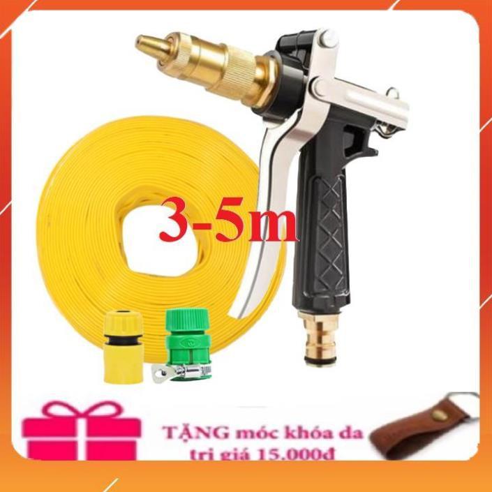 Bộ dây vòi xịt nước rửa xe,tưới cây .tăng áp 3 lần,loại 3m,5m 206236 đầu đồng,cút,nối nhựa vàng+ tặng móc khoá