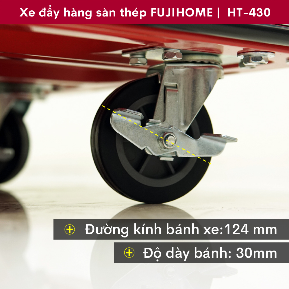 Xe đẩy hàng 4 bánh gấp gọn sàn thép FUJIHOME HT-430- bánh xe cao su TPR không ồn có chốt hãm