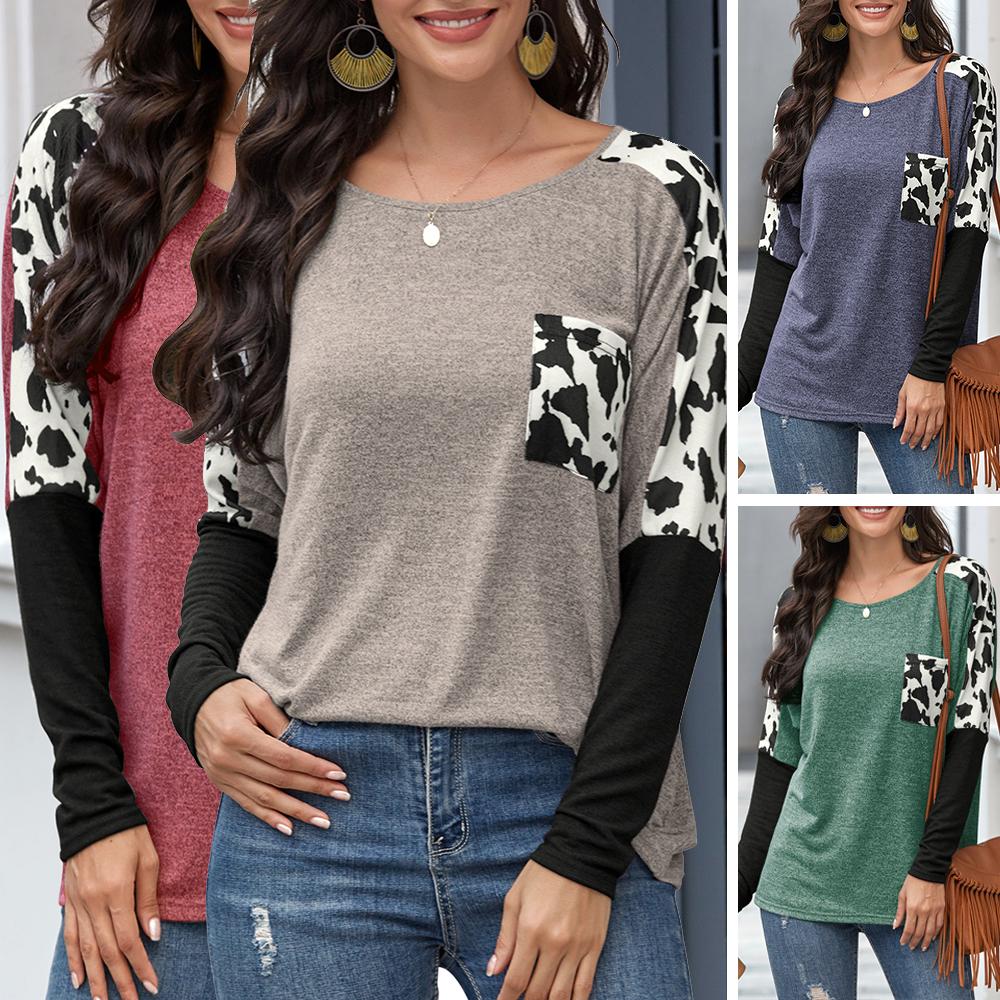 Fashion Women Leopard Print Spliced T-Shirt O Neck Long Sleeve Pocket Casual Shirt Top