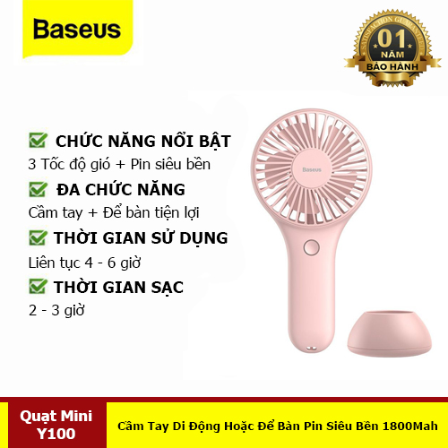 Quạt Mini Cầm Tay Y100 Mini USB Fan Di Động Hoặc Để Bàn Pin Bền 1800Mah Tiện Dụng Hàng Chính Hãng Baseus