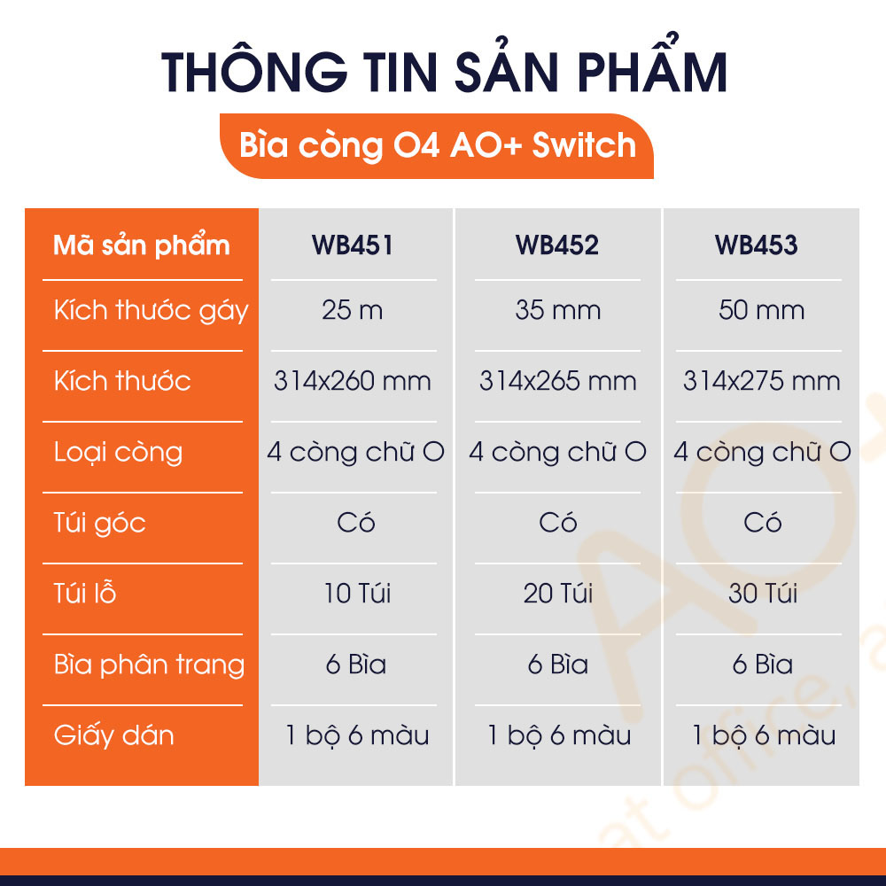 Bìa Còng O4 Switch OFF AO+, Nhựa PP/ A4, 4 Nhẫn O, Kèm Bộ Phân Trang và Túi Sơ Mi Lỗ, (25/35/50 mm)